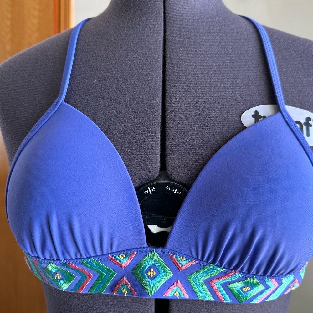 Aerie Perky Triangle Bikini Top XS Blue Embroidery Jewel Tones String Bikini